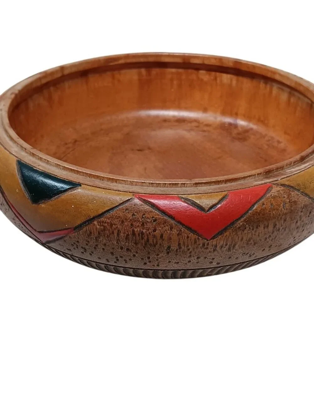 Primitive Ethnic Hand Carved Hand Painted Wooden Bowl Geometric Triangular 6.5